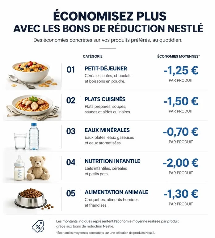Infographie des économies réalisables avec les bons de réduction Croquons la Vie sur les produits Nestlé