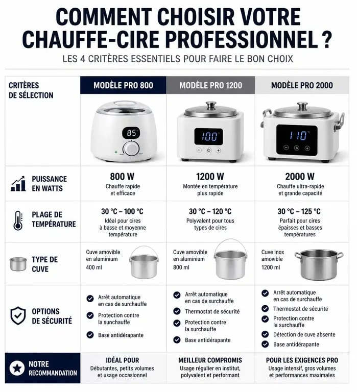 Tableau comparatif des critères de choix pour le meilleur chauffe cire professionnel