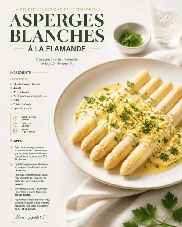 Asperges blanches à la flamande cuites à la cocotte minute, prêtes à être dégustées.