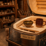 Four ceramique en atelier de poterie, pièces émaillées et plaques réfractaires