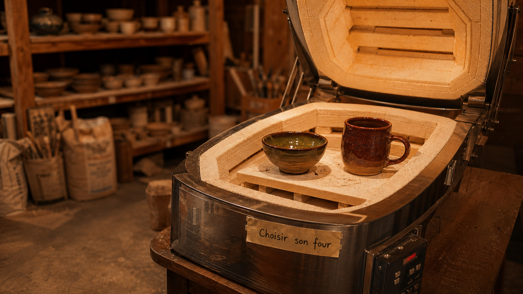 Four ceramique en atelier de poterie, pièces émaillées et plaques réfractaires