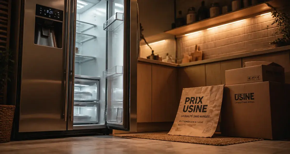 Frigo américain prix usine en intérieur : distributeur d’eau et LED, porte entrouverte