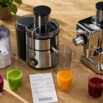 prix centrifugeuse trois modèles alignés sur table avec fruits et jus
