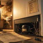 Quelle marque de réfrigérateur à éviter : fiche technique froissée près du frigo et compresseur visible