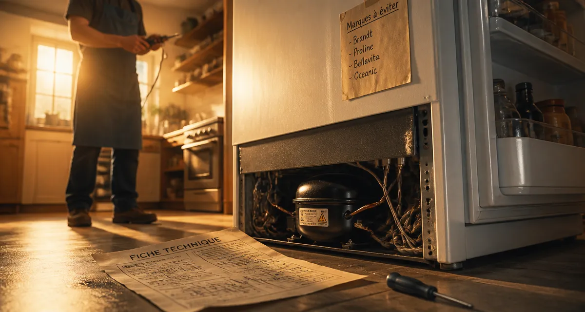 Quelle marque de réfrigérateur à éviter : fiche technique froissée près du frigo et compresseur visible