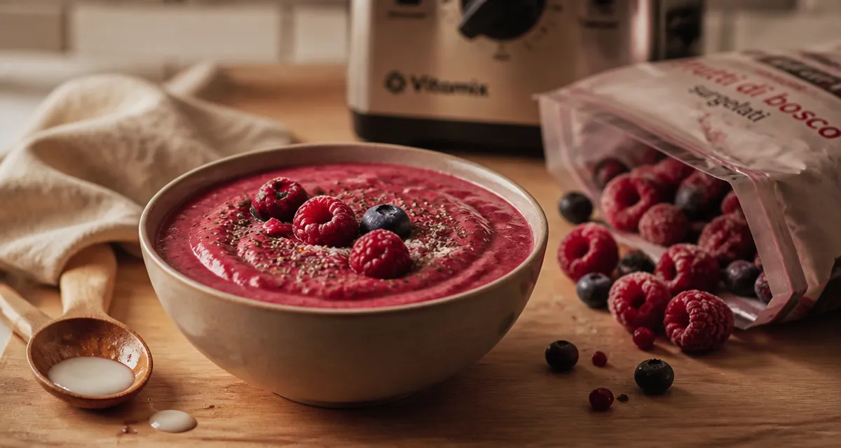 Smoothie fruits rouges surgelés onctueux, bol de fruits rouges et yaourt grec