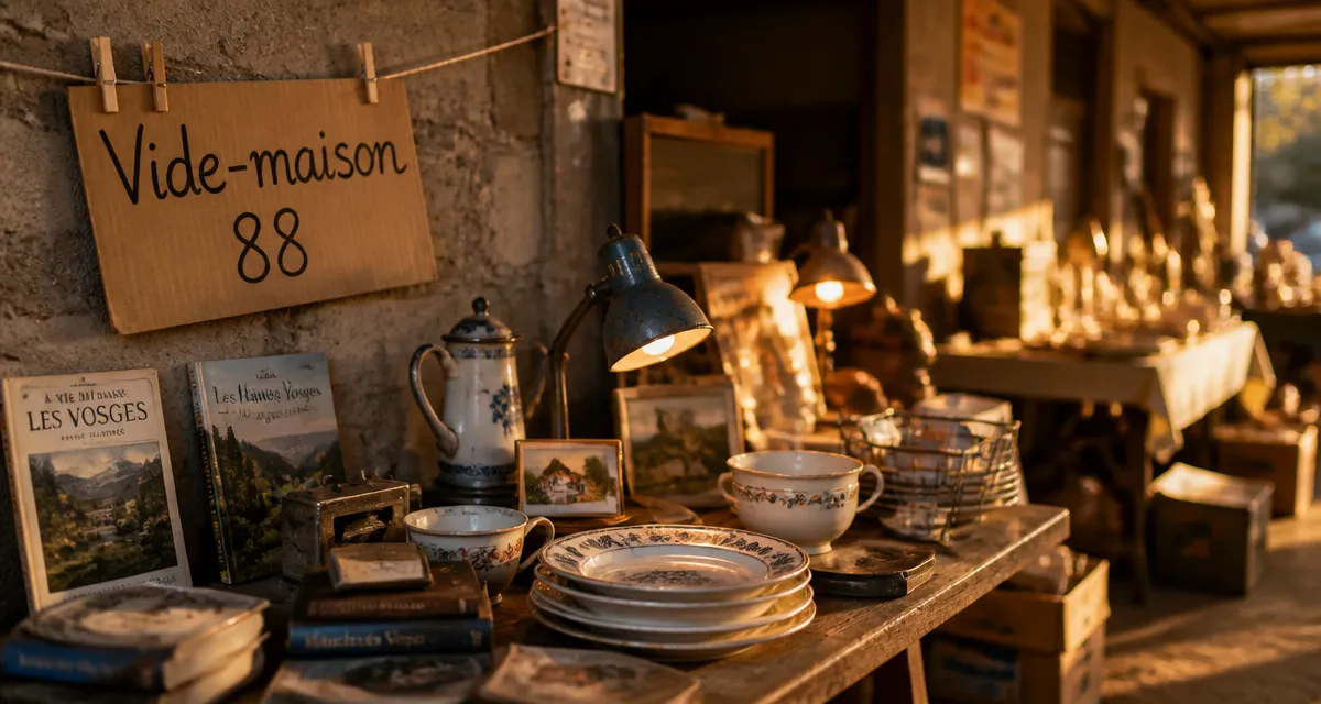 Vide maison 88 à Vittel : garage vosgien pour chiner, pancarte “Vide-maison 88”