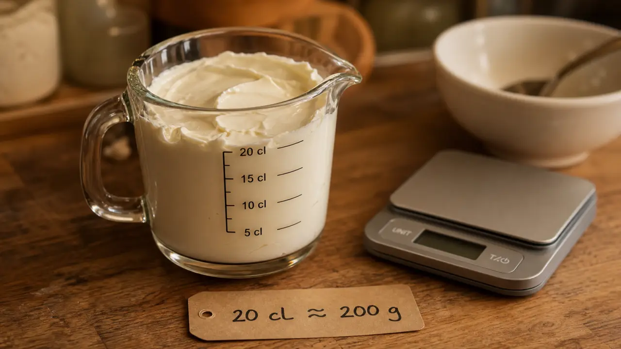 20 cl creme fraiche en g : 200 g, verre doseur et étiquette