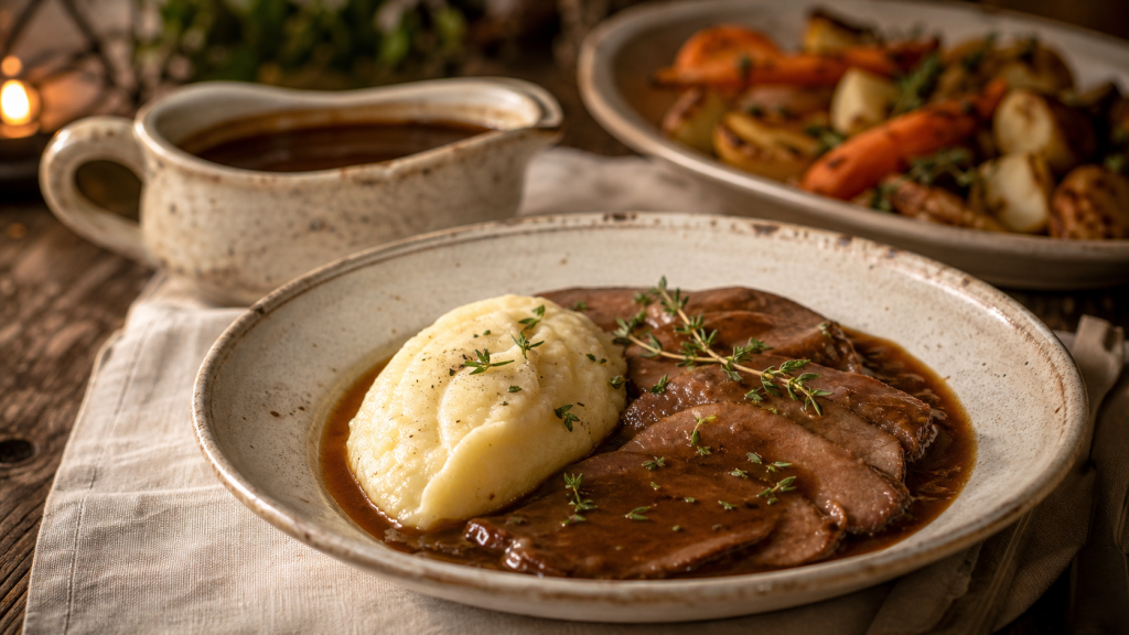 Accompagnement pour langue de boeuf : purée maison et légumes rôtis