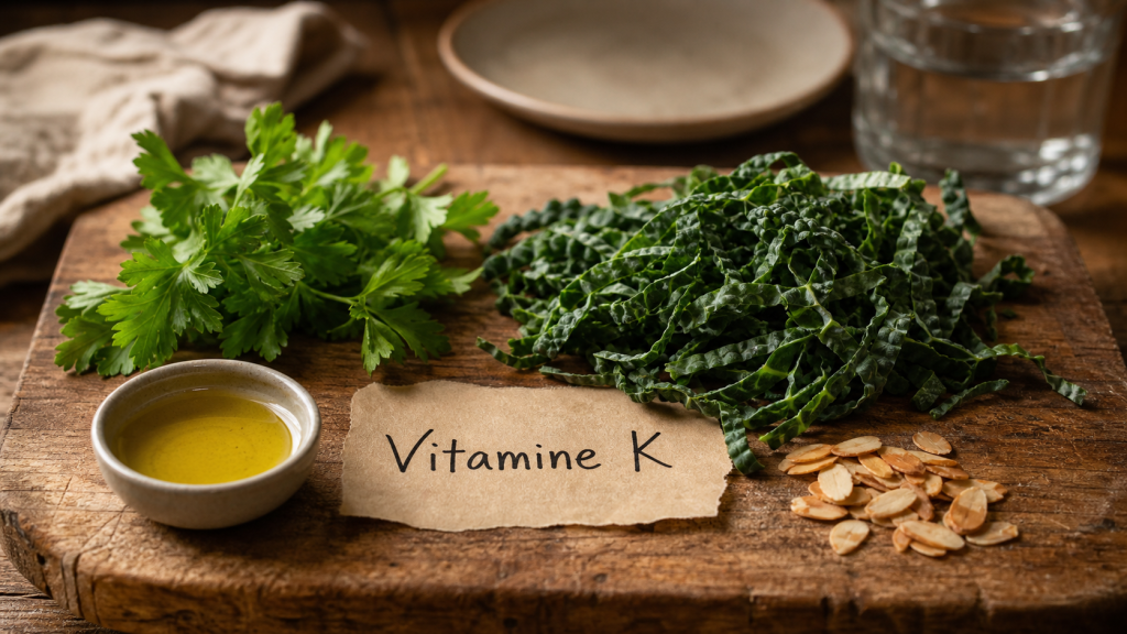 Aliments riches en vitamine K pour os et coagulation (kale, huile de colza, amandes).