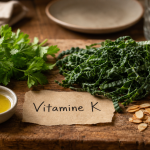 Aliments riches en vitamine K pour os et coagulation (kale, huile de colza, amandes).