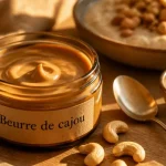 Beurre de noix de cajou maison crémeux, pot en verre fumé et noix de cajou