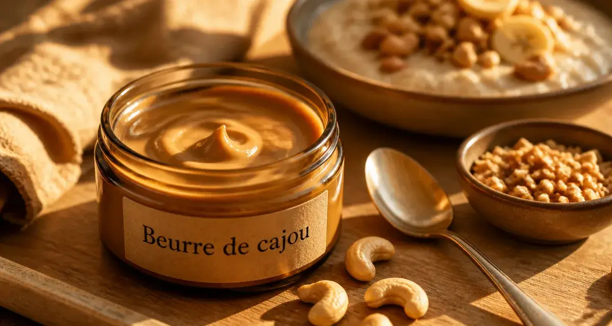 Beurre de noix de cajou maison crémeux, pot en verre fumé et noix de cajou