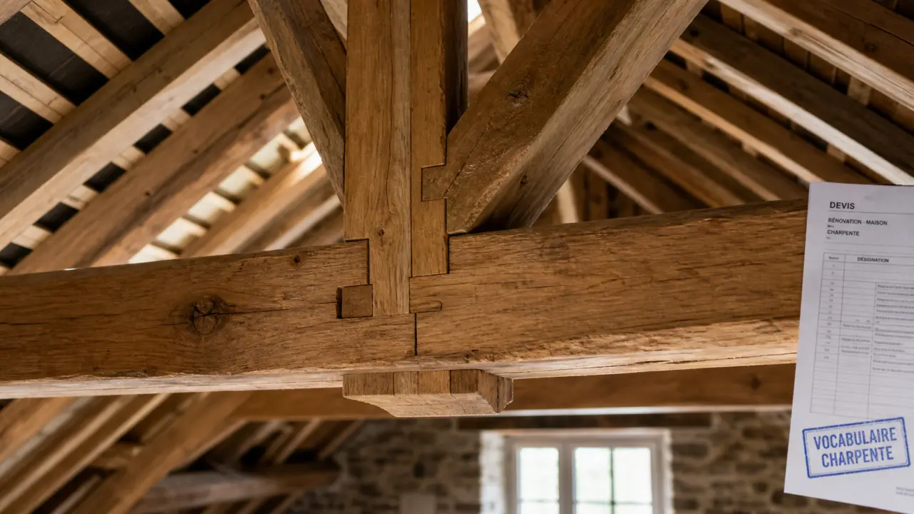 Charpente bois vocabulaire : ferme, pannes et assemblages en bois visible