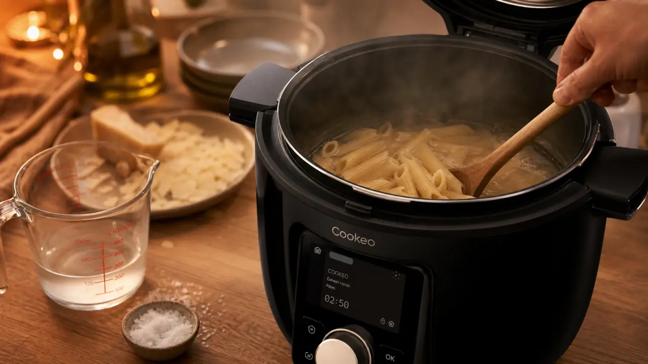 Comment cuire des pâtes au cookeo : 75 cl d’eau, demi-temps, penne en cuve
