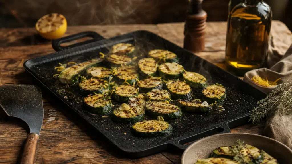 Courgette a la plancha grillée, marques de cuisson et citron