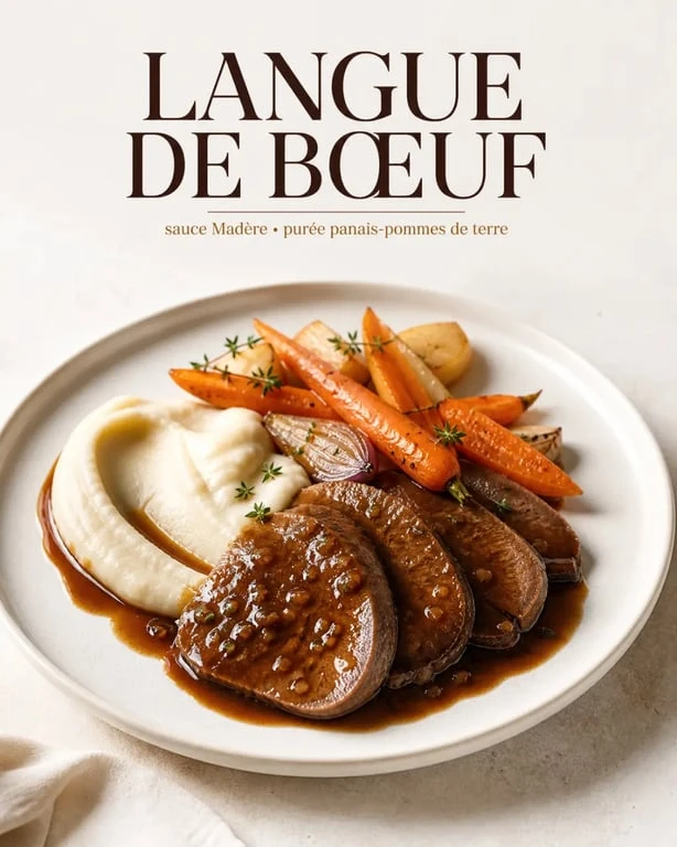 Accompagnement pour langue de boeuf avec purée de panais, carottes rôties et sauce Madère