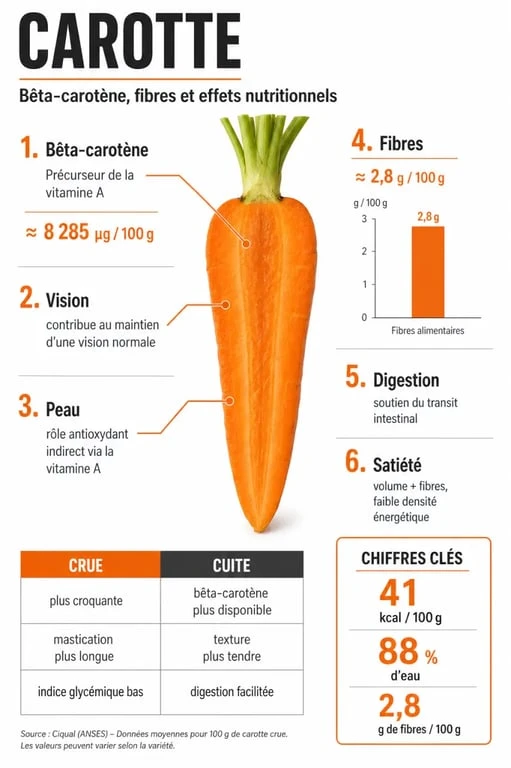 Infographie sur les bienfaits de la carotte : peau, vision, digestion et satiété