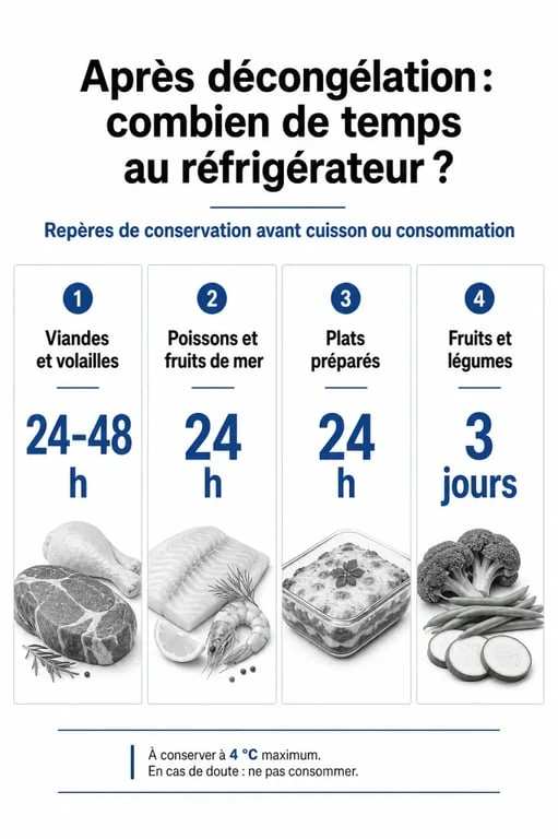 Infographie des durées de conservation au frigo pour produit décongelé