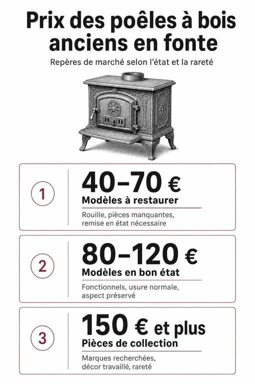 Infographie des prix des poêles à bois anciens en fonte selon leur état de conservation