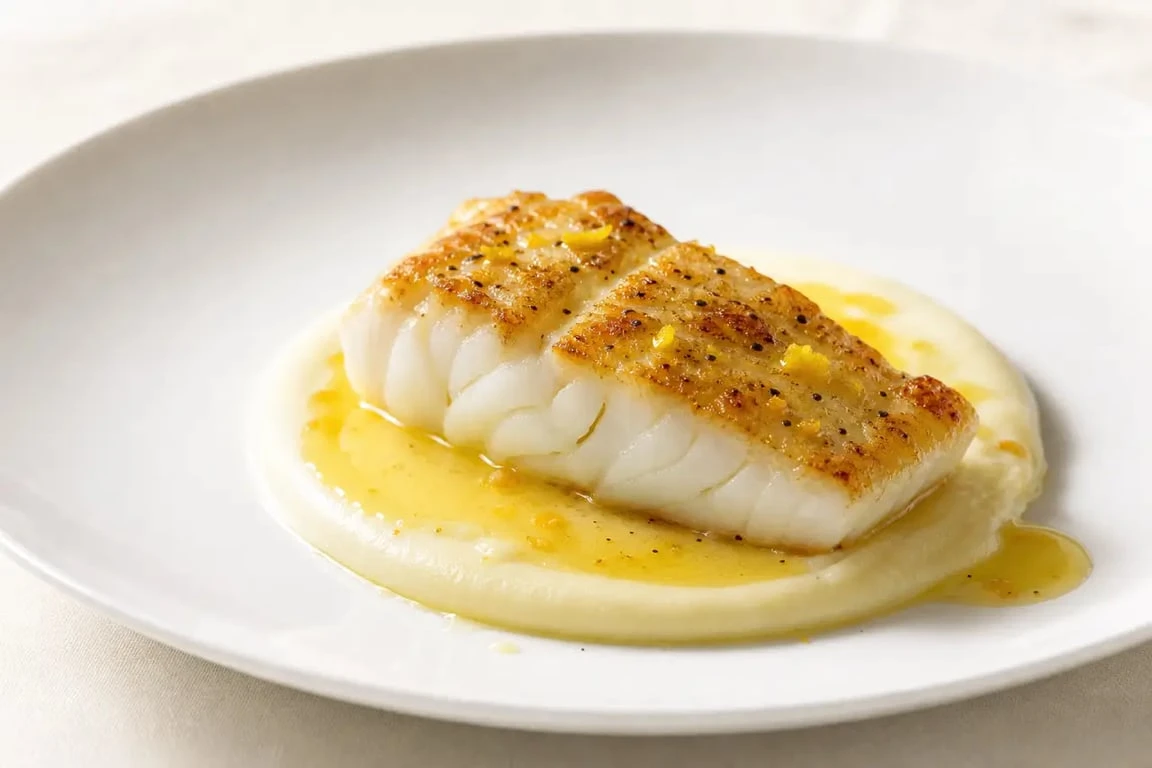 Recette gastronomique de grand chef : cabillaud nacré, purée fine et beurre citronné