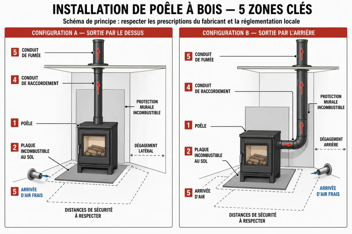 Schéma installation poêle à bois avec conduit, arrivée d’air et distances de sécurité