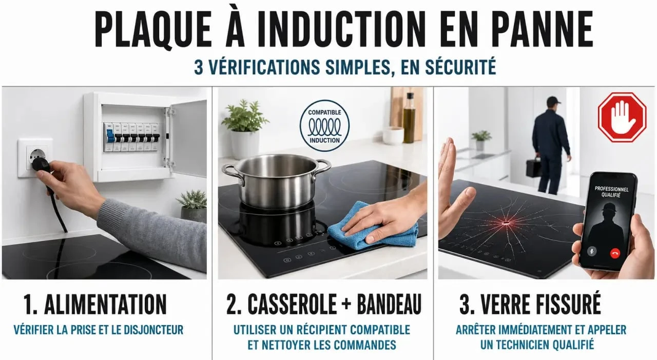 Réparation plaque induction : illustration des vérifications simples, du diagnostic et des situations nécessitant un technicien