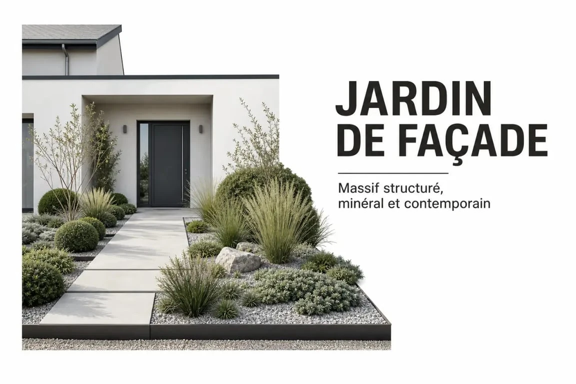 Parterre devant maison avec massif structuré et bordures nettes