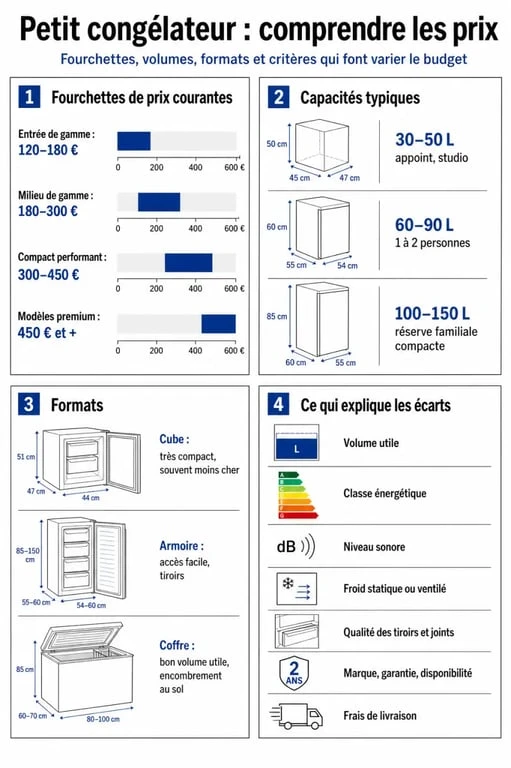 Petit congélateur prix : infographie des fourchettes de prix, capacités et critères de choix