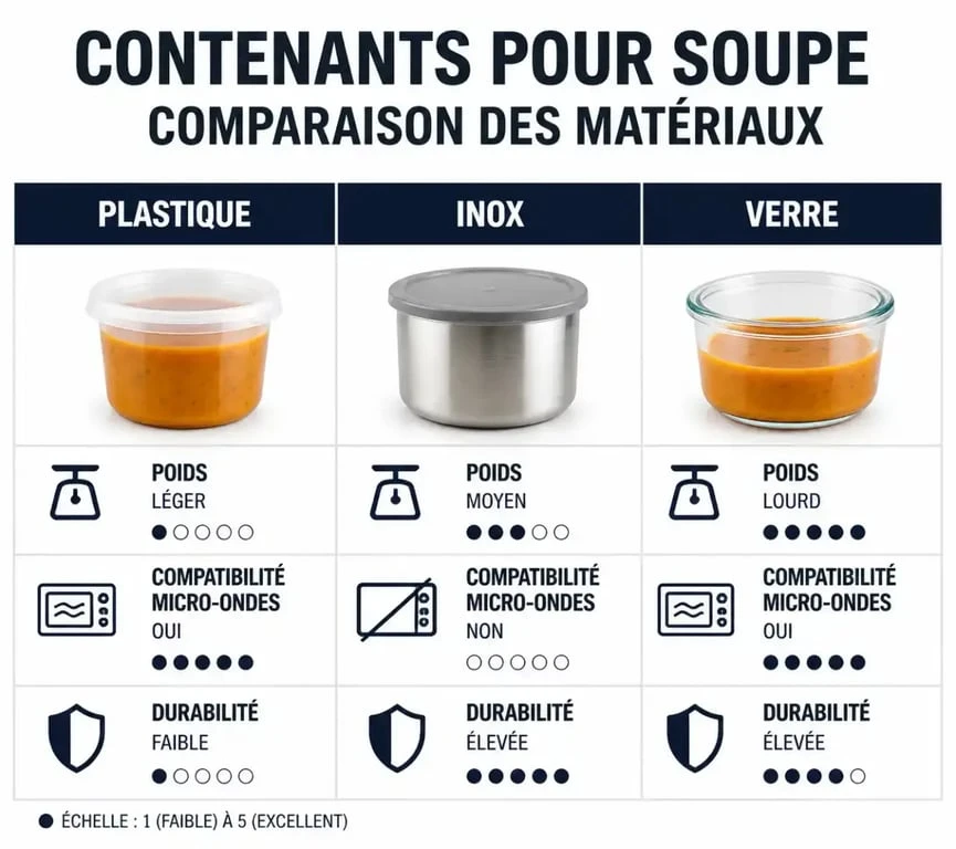 Comparatif des matériaux pour tupperware pour soupe : plastique, inox et verre