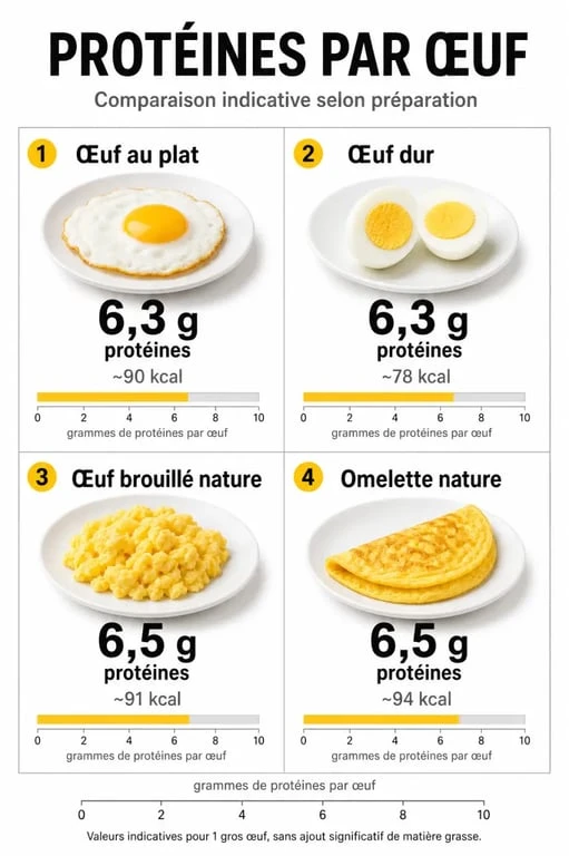Infographie sur les oeufs au plat proteines avec comparaison des modes de cuisson