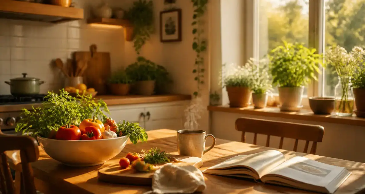Cuisine conviviale baignée de lumière dorée : table en bois, légumes frais, herbes et verdure