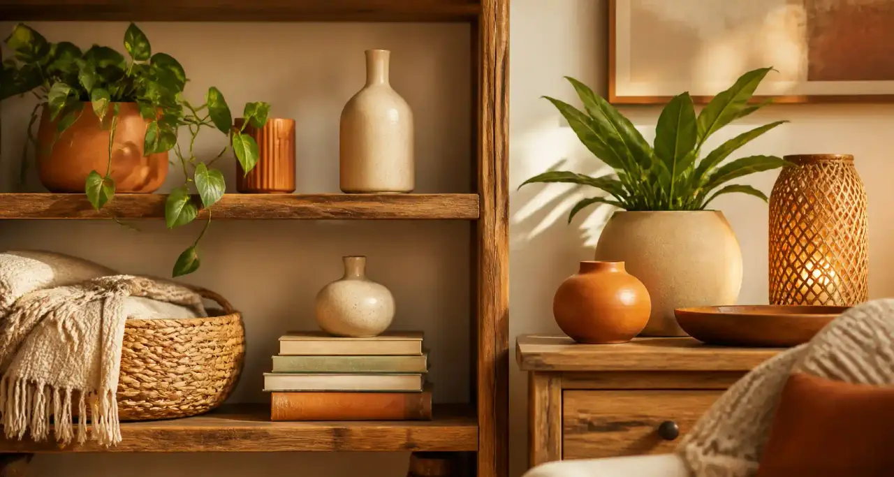 Coin salon chaleureux : étagère en bois, plantes, livres et céramiques