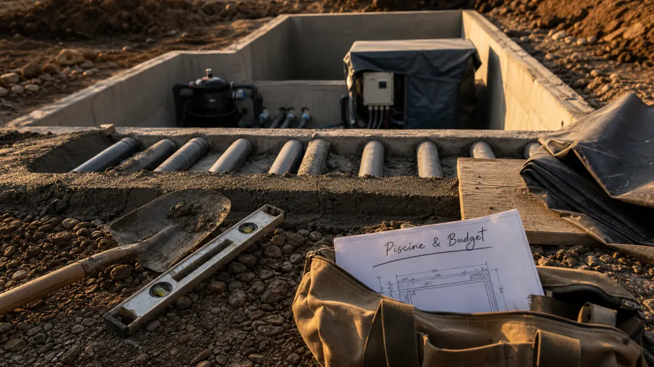 Fabrication d une piscine : chantier d une piscine enterrée semi-enterrée, béton et coffret électrique
