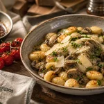 Gnocchi et accompagnement, sauce aux champignons, parmesan et persil