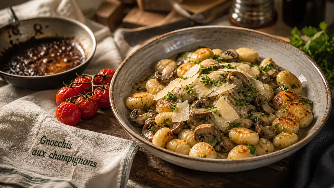 Gnocchi et accompagnement, sauce aux champignons, parmesan et persil
