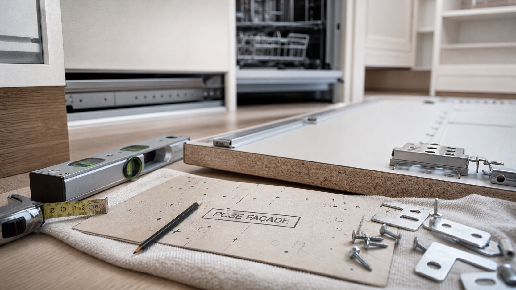 Installation porte lave vaisselle encastrable : gabarit et brides de fixation