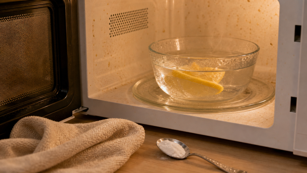 Nettoyage micro onde avec vapeur citron, bicarbonate et chiffon