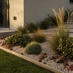 Parterre devant maison avec bordure acier et gravier clair près de l’entrée