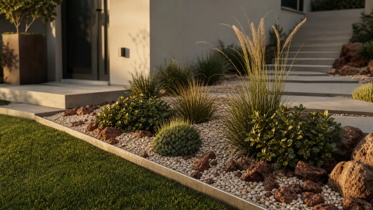 Parterre devant maison avec bordure acier et gravier clair près de l’entrée