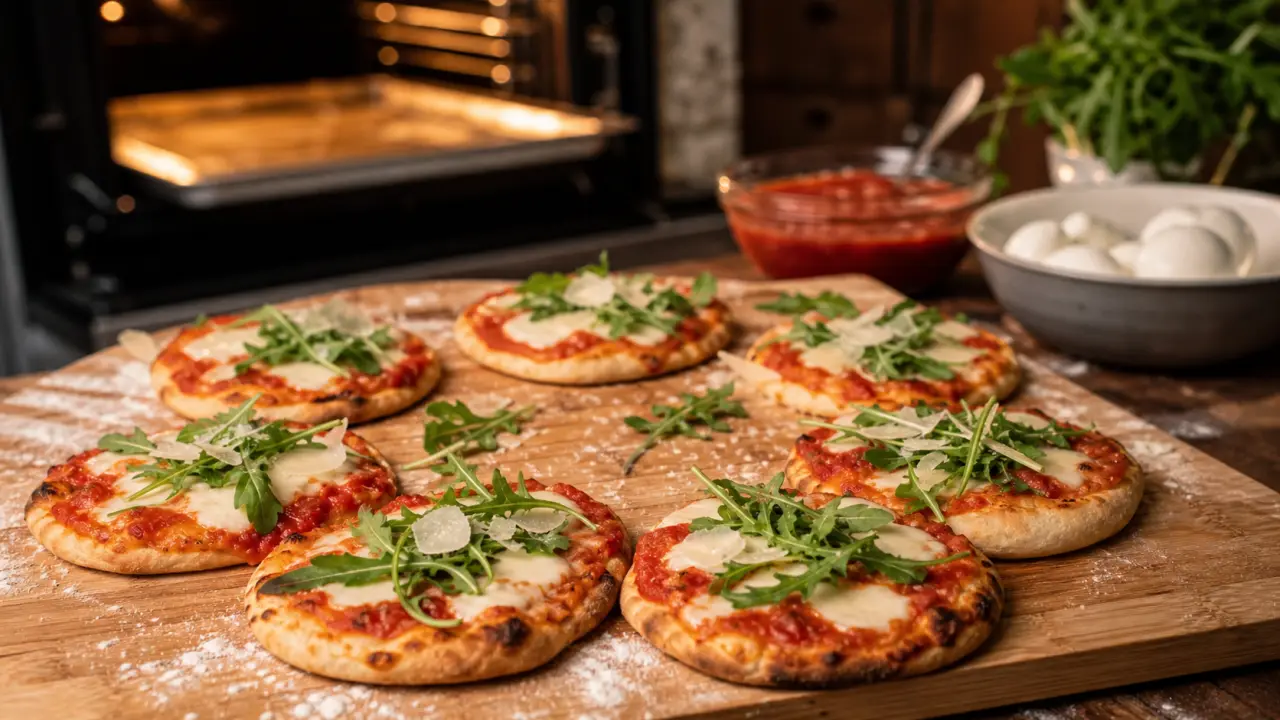 Pizzete maison tomate-mozzarella fondante à 230°C, pâte fine