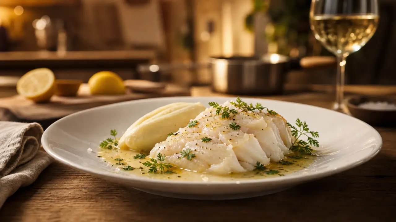 Recette gastronomique de grand chef : purée de Robuchon, cabillaud et sauce montée, dressage sobre