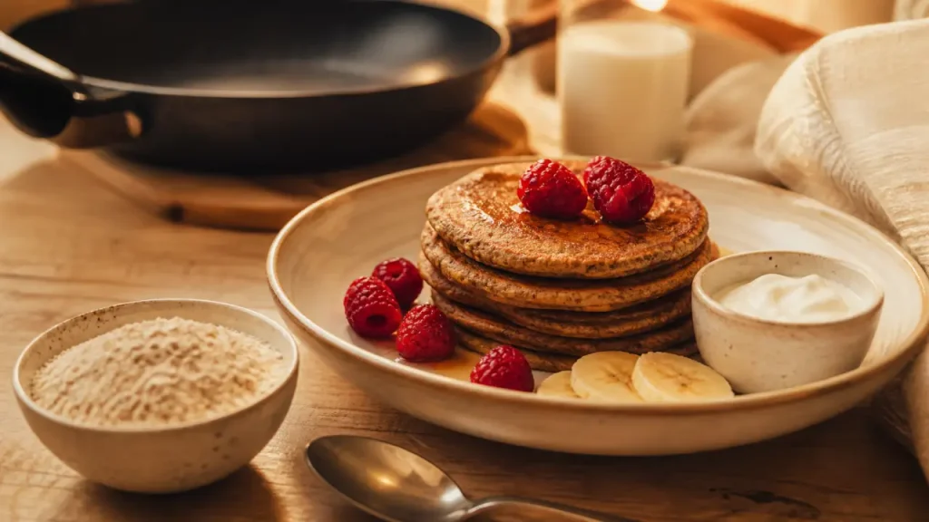 Son d'avoine recette : pancakes moelleux, fruits rouges et banane