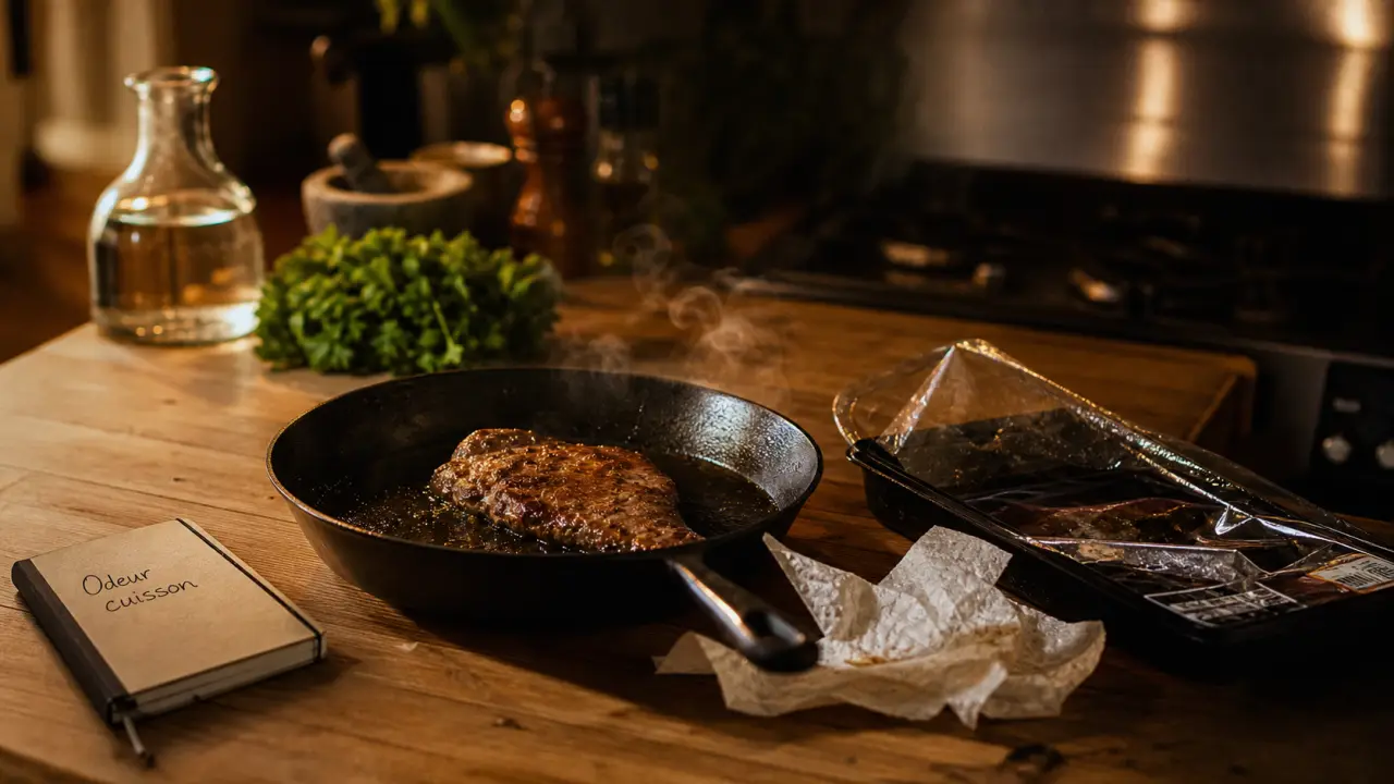 Viande qui sent fort à la cuisson : poêle, fumée et papier absorbant, cuisson à vérifier