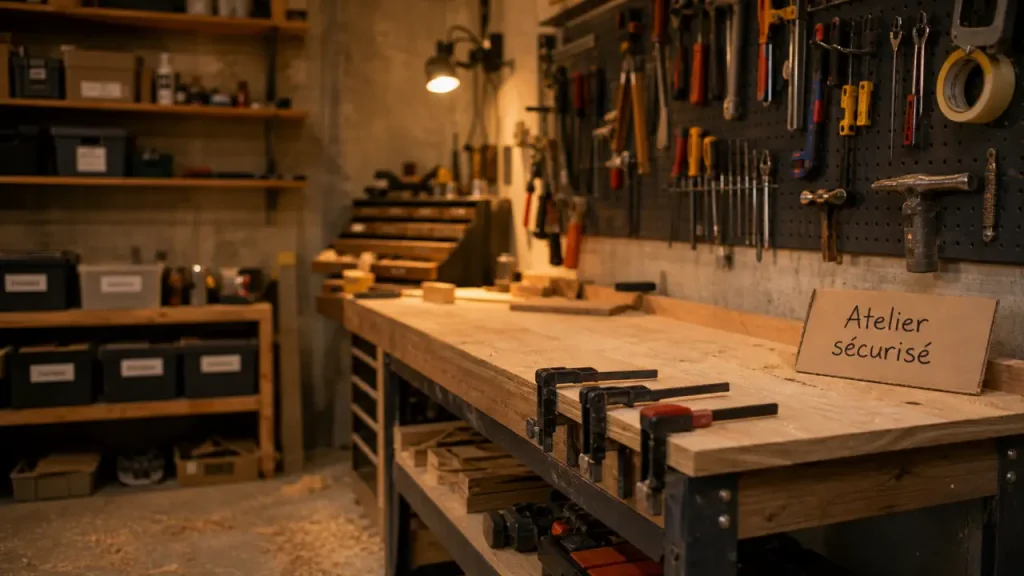 Garage atelier compact : zones de travail, rangements muraux et éclairage adapté