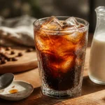 Café glacé maison : verre de café ambré avec 6 glaçons et lait froid