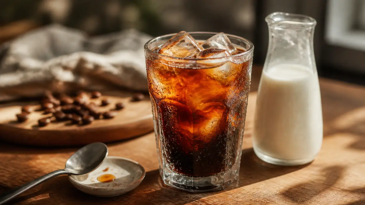 Café glacé maison : verre de café ambré avec 6 glaçons et lait froid