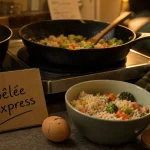 Cuisine pour les étudiants : poêlée express en 10 minutes, riz et légumes sur plaque