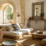 Salon lumineux decoration style méditerranéen avec jarre terre cuite et arches pierre claire