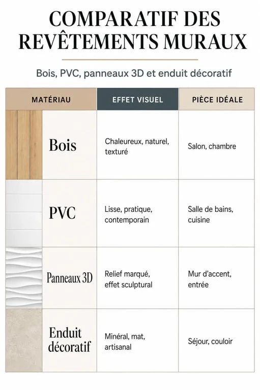 Infographie comparative des matériaux pour habillage mur intérieur moderne